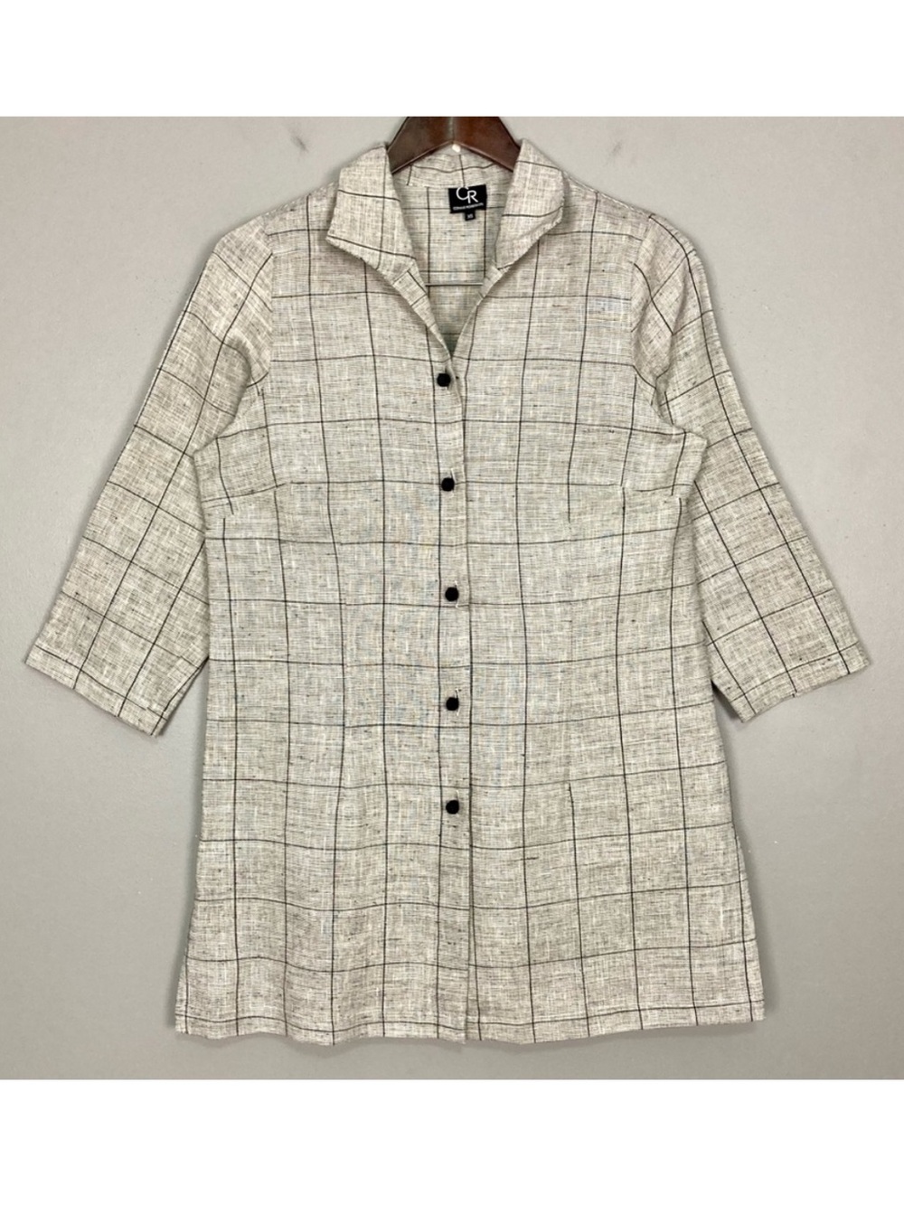 Connie Roberson Woven Linen Tunic Top Women’s Size XS Button Front Grid Plaid